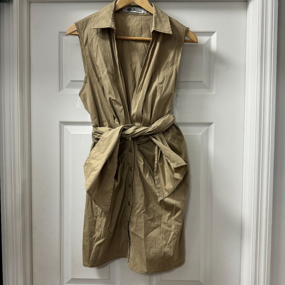 Towne Safari Khaki Tan Collared Sleeveless Dress with long tie belt sz Large